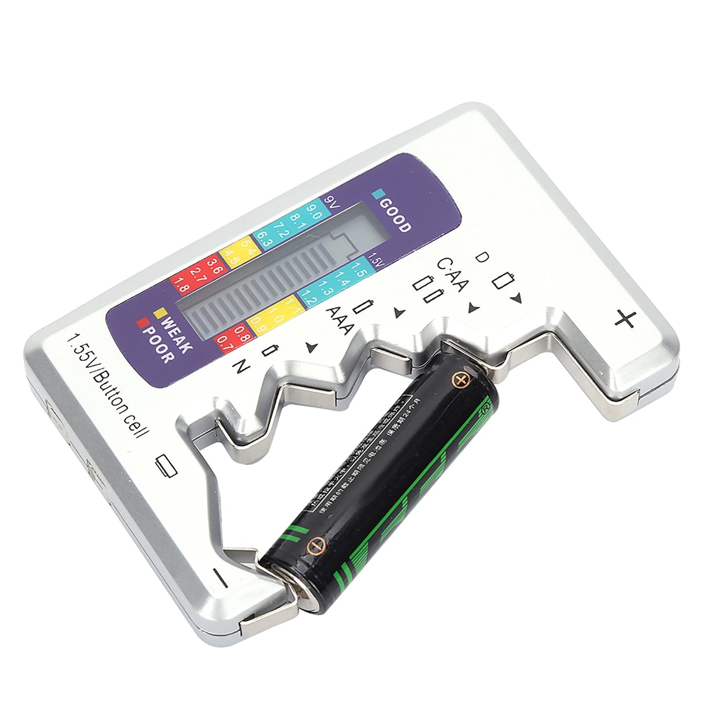 Universal Digital Battery Checker For AA/AAA/9V/C/D/N/1.5V Button Cell Battery, Small Accurate Cell Tester - Silver