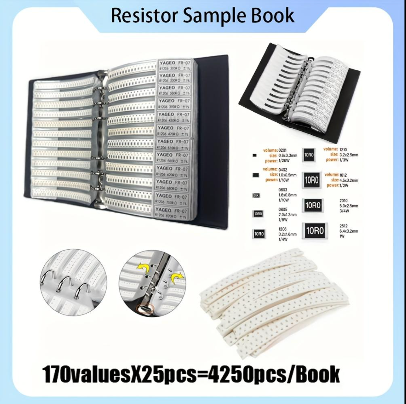 1206 SMD Resistor Sample Book Kit – 170 Values × 25pcs Each (4250 Resistors Total)