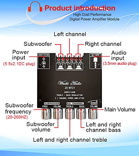 ZK-MT21 Bluetooth 5.0 Subwoofer Amplifier Board 50WX2+100W 2.1 Channel Power Audio Stereo Amplifier Tone Board Bass AMP AUX