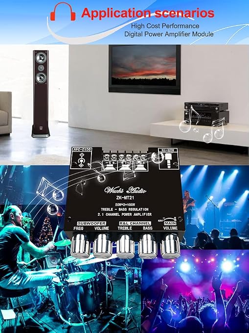 ZK-MT21 Bluetooth 5.0 Subwoofer Amplifier Board 50WX2+100W 2.1 Channel Power Audio Stereo Amplifier Tone Board Bass AMP AUX