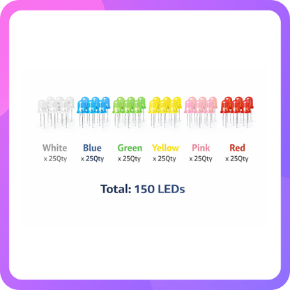 Voltros 5mm LED Assorted Kit (150 LEDs) – 6 Colors | White, Blue, Green, Yellow, Pink & Red
