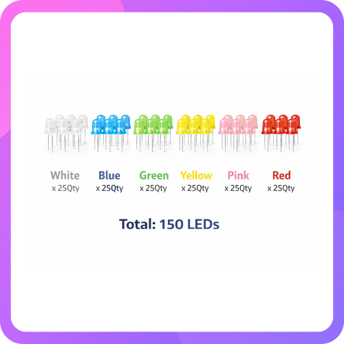 Voltros 5mm LED Assorted Kit (150 LEDs) – 6 Colors | White, Blue, Green, Yellow, Pink & Red