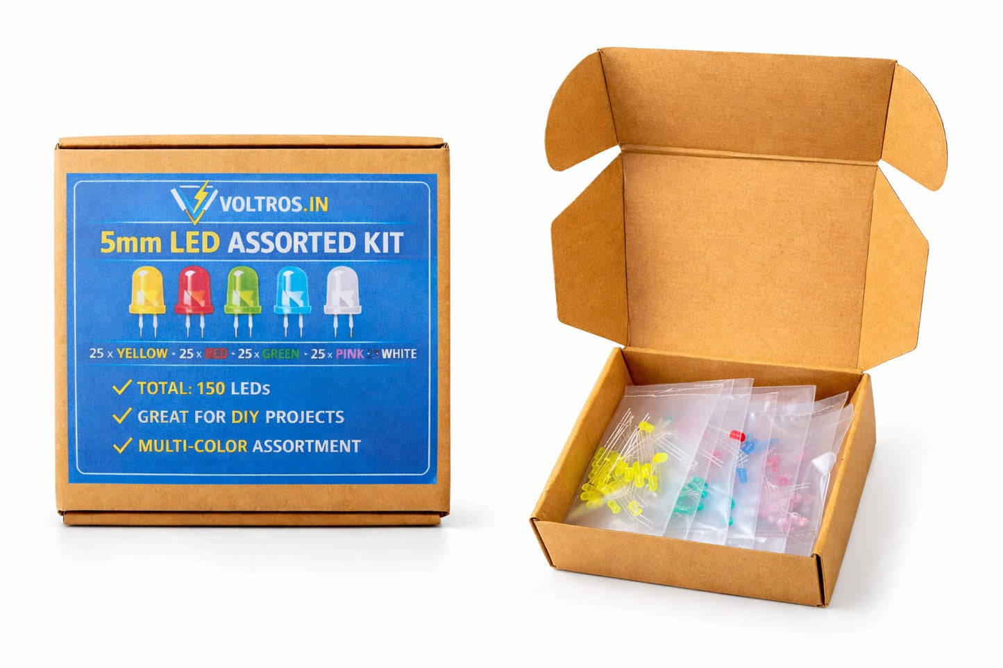 Voltros 5mm LED Assorted Kit (150 LEDs) – 6 Colors | White, Blue, Green, Yellow, Pink & Red