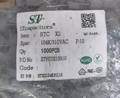 0.1µF X2 Safety Capacitor 310V AC 100nF 104K Metallized Polypropylene Film Capacitor EMI RFI Noise Suppression for SMPS, Power Supply & Electronics