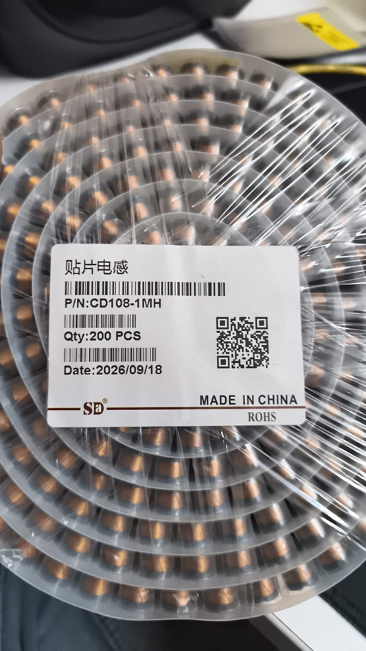 CD108-1MH SD power inductor reel with 200-piece label